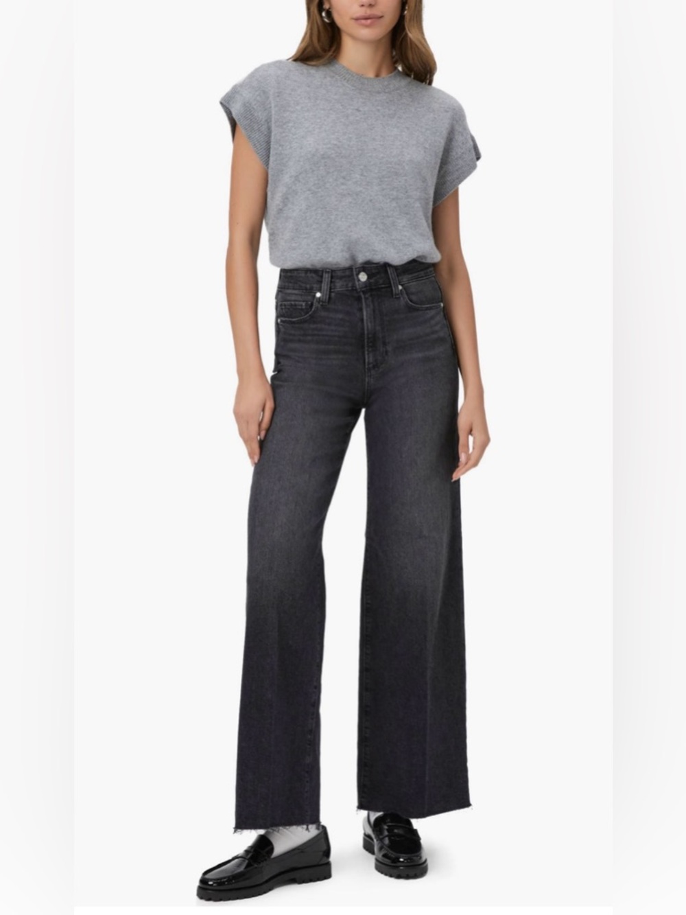 PAIGE Anessa Raw Hem High Waist Wide Leg Jeans Black Distressed Size 29